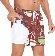 [GuoChe] Mens Swimming Trunks Men 2 Layer Running Shorts Bright Burgundy Coffee Mugs with Phone Pocket Beach Board Shorts, Bright Burgundy Coffee Mugs, Medium