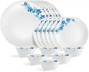 KRISHANA EXPORT STORE Opalware Dazzle Series Blue Swirl Dinner Set - 18 Units - Opal Glass Dinner Set for 6 | Light-Weight, Daily Use Crockery Set for Dining | White Plate and Bowl Set