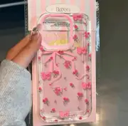 Clear iphone case with pink roses butterfly and ribbon 13/15 mini pro case