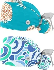 [WOSHJIUK] Working Hat 2 Pack Scrub Caps for Women,Green Background Pineapple,Tie Back Cap Adjustable Scrub Hat