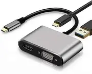 USB C to HDMI Multi Adapter, 4-in-1 USB C to HDMI VGA Adapter with PD Charging and USB 3.0 Port, Compatible with MacBook Pro, Surface, Dell, HP, and More