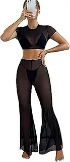 [Generic] Women's 2 Piece Sheer Mesh Bikini Cover Up Sets Crop Top and Wide Leg Pants
