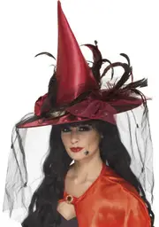 Elaborate Blood Red Satin Halloween Witch Hat