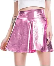 [Generic] Ladies Solid Skirted Couch Fashion Shiny Flared Pleated A-Line Mini Skirt Skirts for Girls