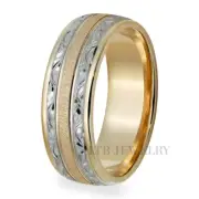 10K TWO TONE GOLD HAND ENGRAVED MENS WEDDING BANDS 8MM
