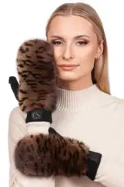 Brown Leopard Print Mink Fur Mittens,Winter Flip Top Wool Knit Mink Fur Gloves
