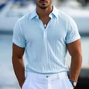 Men's Polo Golf Shirt Casual Holiday Ribbed Polo Collar Short Sleeve Fashion Basic Stripe Plain Button Quick Dry Summer Regular Fit Light Blue White Purple Kha