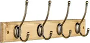 Hiatt Hardware 4 Ball End Hat and Coat Hooks Antique Brass on Pine Wood Wall Rack Rail Board - 140161