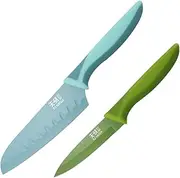 WILLKOMMEN Fruit Paring Knife and Santoku Knife 2 Pcs, Non-Stick & Anti-Rust Coating Stainless Steel Kitchen Knives with Blade Guards, Multipurpose Chef Knives with Good Soft Grip Handle, Green & Blue