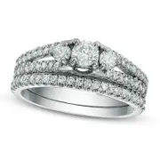 1.0 CT. T.W. Natural Diamond Three Stone Bridal Engagement Ring Set in Solid 10K White Gold