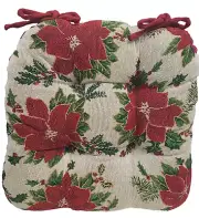 1(One) Tapestry Chair Cushion pad w/ties,16x16",CHRISTMAS POINSETTIA FLOWERS,DII
