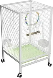 24-Inch Iron Bird Cage with Wheels, 61cm Height, Rolling Stand for Small Birds, Parakeets, Lovebirds, Canaries (White)
