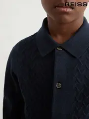 Reiss Navy Blue Gideon Wool V-Stitch Button Through Cardigan (H47170) | $80