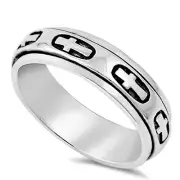 Men 8mm 925 Sterling Silver right hand Band Cross Spinner Ring / Gift Box