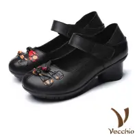 在飛比找momo購物網優惠-【Vecchio】真皮跟鞋 粗跟單鞋/真皮復古中國風結釦造型