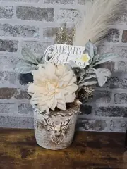 Rustic Christmas Floral Arrangement in Gold Accented Reindeer Pot – Handmade