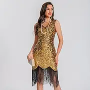 Retro Vintage Roaring 20s 1920s Above Knee Flapper Dress Cocktail Dress The Great Gatsby Flapper Girl Sequins Fringe V Neck Women's Christmas Halloween Carniva