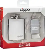 Zippo Brushed Chrome Lustre Etch and Flask Gift Set Lighter