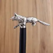 Walking Stick Cane Wolf Wooden Handle Head Brass Victorian Silver Vintage