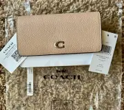 ! NEW ! COACH Polished Pebble Leather Essential Medium Flap Wallet Buff