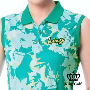 【KING GOLF】實體同步款-女款燙鑽刺繡迷彩印花撞色領口無袖背心POLO衫/高爾夫球衫(綠色)