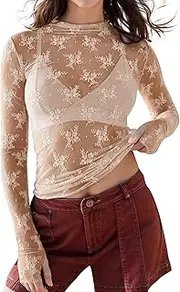 [Flygo] Sheer Long Sleeve Mesh Tops for Women Mock Neck See Through Floral Lace Layering Top Shirt Blouse