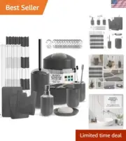 Luxury Gray Bathroom Set: 3 Plush Rugs, Shower Curtain & Complete Accessories