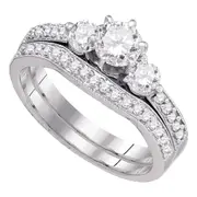 14k White Gold Round Diamond 3-stone Bridal Wedding Ring Set 1 Cttw