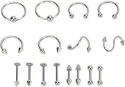 [Baxnore] 16PCS Nose Studs Set, Women Stainless Steel Body Jewelry, Piercing Rings, Smooth Polished Cartilage Lip Nose Rings