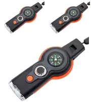 7 in 1 Military Survival Whistle Compass Magnifier Thermometer Keychain 3 Pack