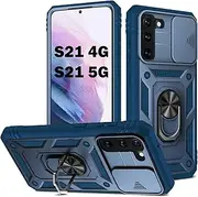 [PASNEW] for Galaxy S21 5G Phone Case with Kickstand & Camera Cover Slide & Charge Port Dust Plug,Military Heavy Duty Full Body Shockproof Protection Hard Shell for Samsung S21,6.2 inch,Blue