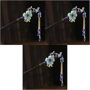3Pcs Blue Chinese Japanese Hair Stick Retro Wooden Hairpin Flower Hair Chopsticks Vintage Tassel Hair Stick Wedding Party Hair Stick Hanfu Hairpins, Chinese Hair Pins, Japanese Hair Stick