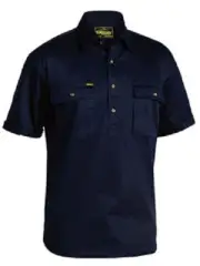 BISLEY Cotton Drill Work Shirt Closed Front Short Sleeve Pocket BSC1433 NAVY