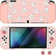 DLseego Grip Case Controller for Switch OLED Console 2021, Anti-Slip Shock-Absorption Protective Soft Case with 2 PCS Strawberries Comfortable Thumb Grips Caps for Joycon Controllers - Pink