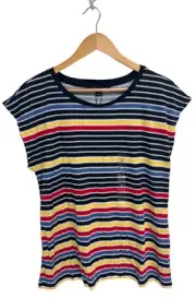 Tommy Hilfiger Women's Cap Sleeve Navy Blue Multicolor Striped Tee Size S