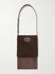 [Valentino Garavani] Valentino Garavani - Nellcote Embellished Fringed Leather-trimmed Suede Shoulder Bag - Burgundy - One size One size Burgundy