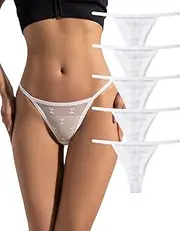 [Justgoo] G-String Thongs for Women T-back Lace Hollow Out Thongs Sexy Low Waist Underwear Panties 5 Pack