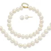 14K Solid Yellow Gold 8mm White Round Freshwater Cultured Pearl Necklace Chai...