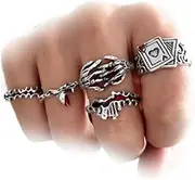 [Rrdaily] Retro Silver Knuckle Rings Set for Men Chunky Stackable Joint Finger Rings Gripper Skull Poker Red Blood Vampire Witch Grunge Ring Gothic Punk Jewelry