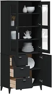 VIKEN Black Highboard, 80x40x190 cm Solid Pine Wood Cabinet, Kitchen Storage Sideboard for Dining Room, Buffet Cabinet with Glass Doors