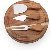 ILEAF Round Slide-Out Acacia Wood Cheese Board and 3 Piece Cheese Tool Set, 7.5 inch Diameter (Acacia Wood)