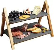 CULOTOL Tiered Tray Stand Slate Dessert Stand Cake Cupcake Stand, Foldable Acacia Tiered Frame Dessert Appetizers Stand Plate Serving Platter Cake Plate for Party Wedding