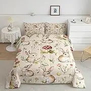 Feelyou Cute Bunny Bedding Set Cartoon Rabbit Comforter Set for Kids Boys Girls Red Mushrooms Quilt Set Colorful Eggs Duvet Quilt with 2 Pillowcases 3Pcs Bedding Queen