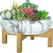 ARTKETTY Succulent Pots, Large Succulent Planter with Drainage Round Marble Bonsai Pot with Bamboo Stand, Ceramic Pots for Cactus Plants Decorative Flower Planter Bowl for Home Office