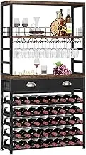 Homeiju Industrial 6-Tier Freestanding Wine Rack, Holds 18 Glasses & 40 Bottles, Rustic Brown, Adjustable Foot Design, Storage Drawer