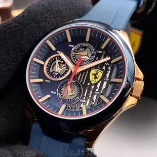 FERRARI手錶, 男錶 44mm 寶藍圓形精鋼錶殼 寶藍色三眼, 鏤空, 中三針顯示, 運動錶面款 FE00049