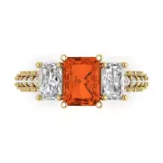 4.26ct Emerald Cut RD 3 stone Red Promise Wedding Ring 14k Yellow Solid Gold