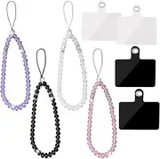 4 Pieces Crystal Beads Cell Phone Lanyard Strap + 4 Pcs Phone Tether Tab Sticker Pad, 4 Colors Bling Short Hand Wrist Lanyard Chain Hanging String for Girl Women Mobile Phone Wristlet Camera Purse