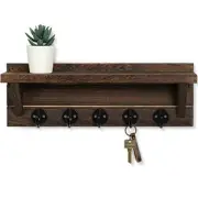 Lwenki Wall Key Holder with Shelf, Rustic Shelf with Hooks Made of Brown