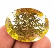 75 Ct Certified Natural Golden Rutilated Quartz Rare Oval Cut Loose Gemstone KKP